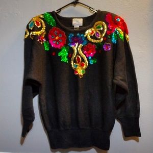80s to 90s Embellished Floral Sequins Black Sweater Small